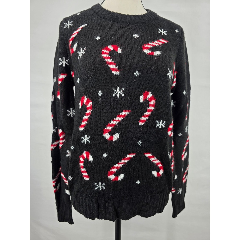Urban Heritage Womens Black Candy Cane Snowflake Holiday Christmas Sweater Small